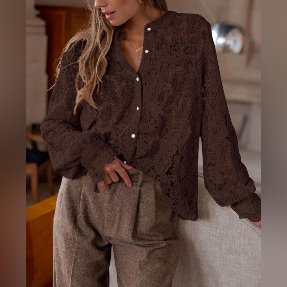PRETTYGARDEN Dressy Casual Lace Blouse Button Up Shirts Tops Spring Fall Clothes - Picture 2 of 8